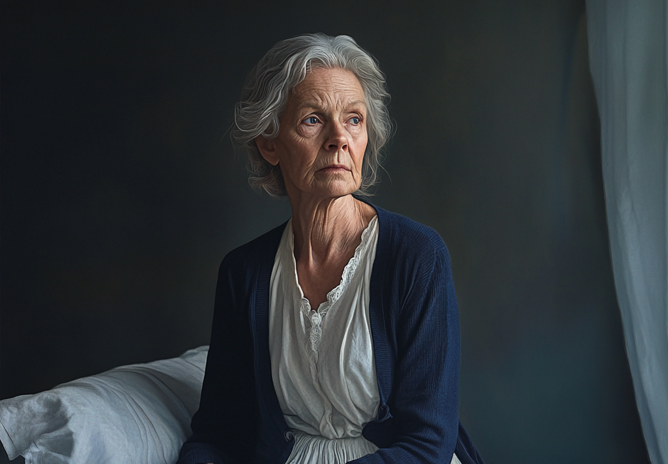 An old woman sitting on a bed | Source: Midjourney