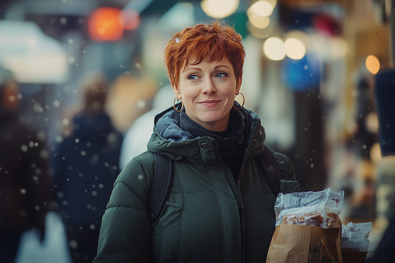 Mujer de unos 30 años con una bolsa para llevar y sonriendo en una calle nevada | Fuente: Midjourney