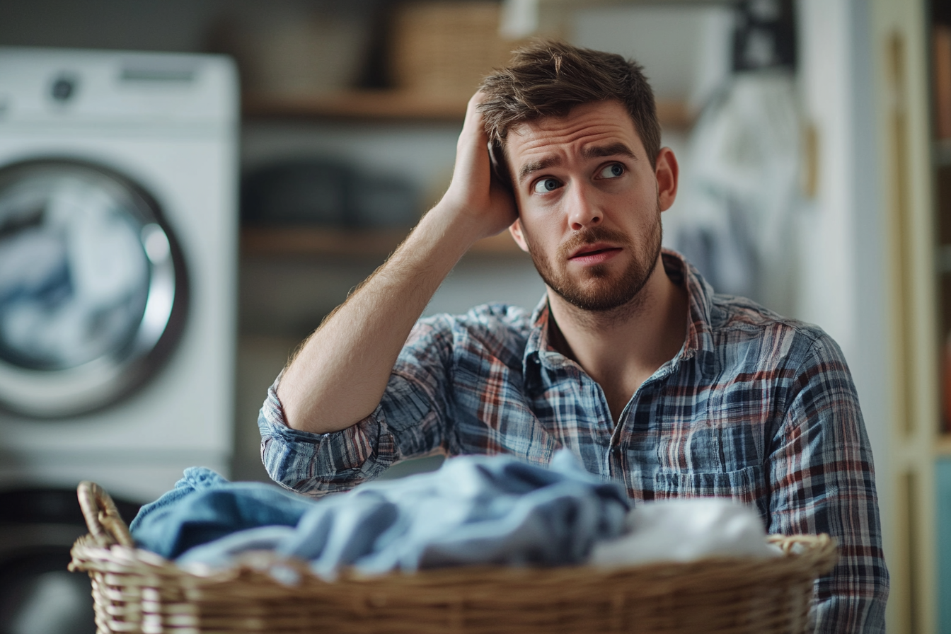 A man looking puzzled in a laundry room | Source: Midjourney