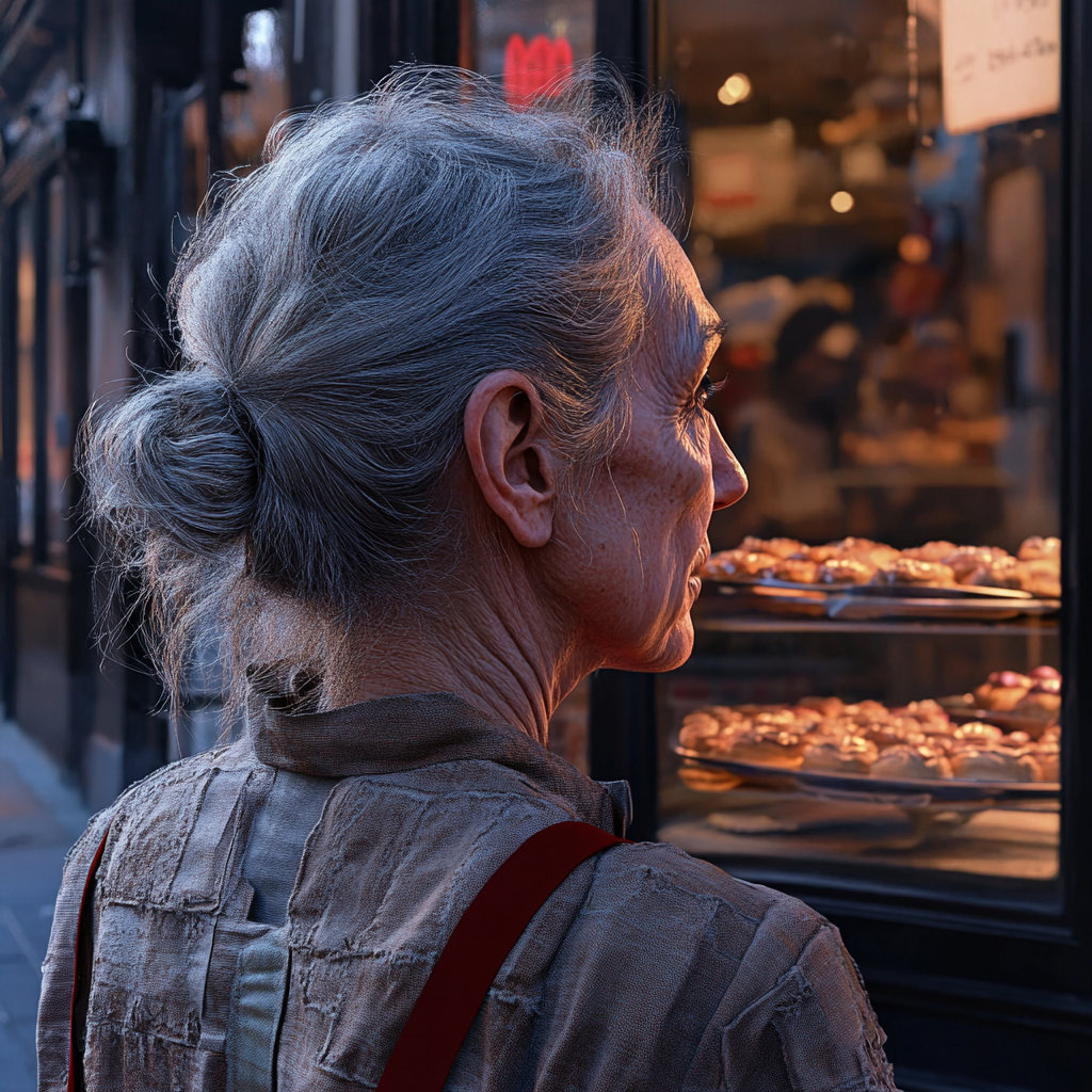 A desperate older lady standing outside a bakery | Source: Midjourney