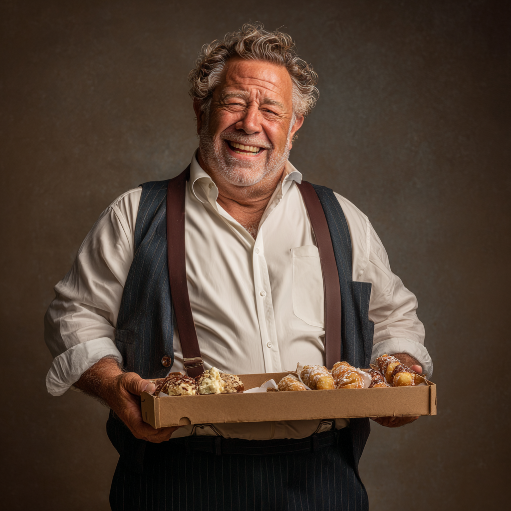 A happy man holding a box of cannoli | Source: Midjourney