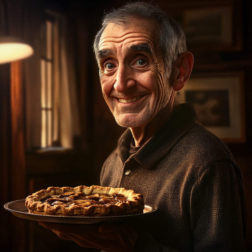 A delighted older man holding a tray of pie | Source: Midjourney