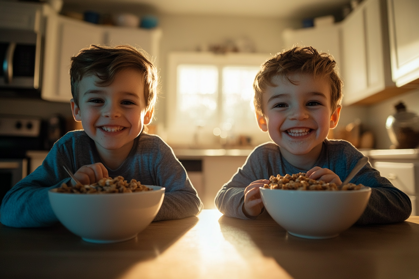 Twin boys, 7 years old, eating cereal at the kitchen table in the morning | Source: Midjourney