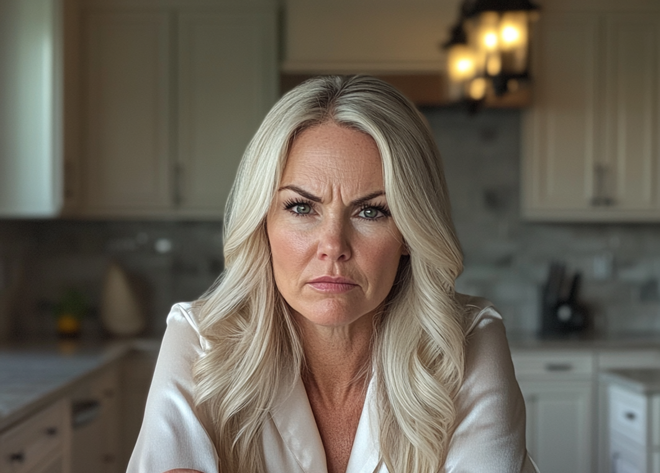 A frowning woman sitting at a counter | Source: Midjourney