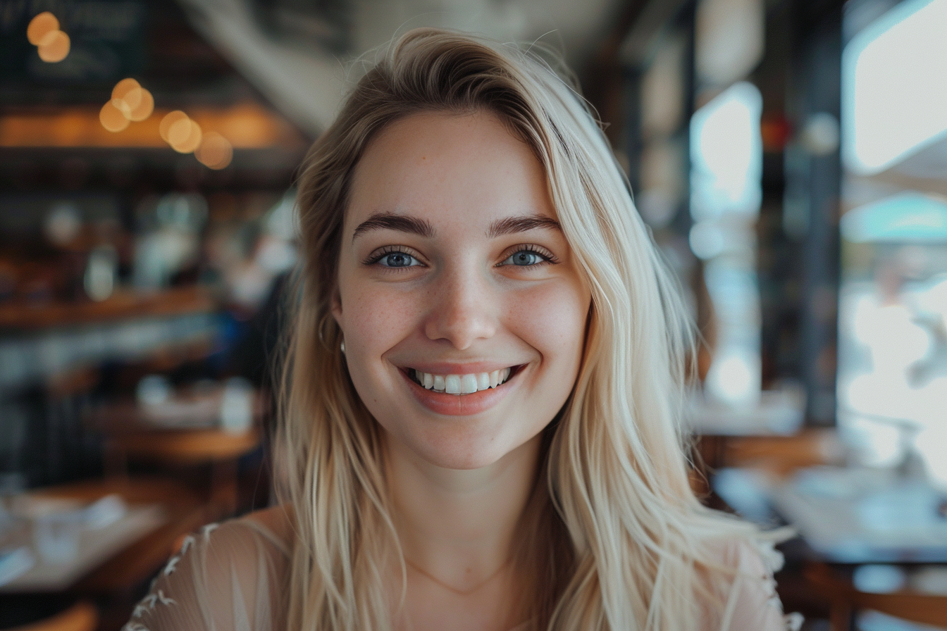 A smiling woman in a coffee shop | Source: Midjourney