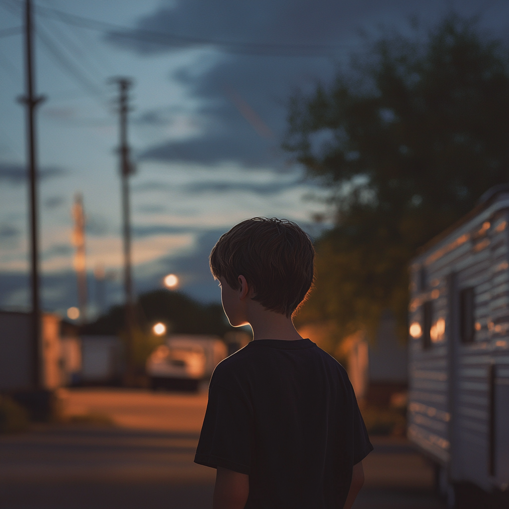 A boy standing near a trailer | Source: Midjourney