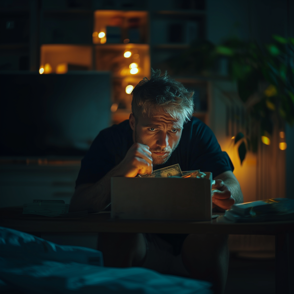 A confused man looking at a box full of money | Source: Midjourney