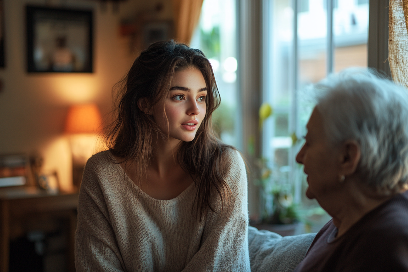 Une jeune femme et une femme âgée discutent | Source : Midjourney