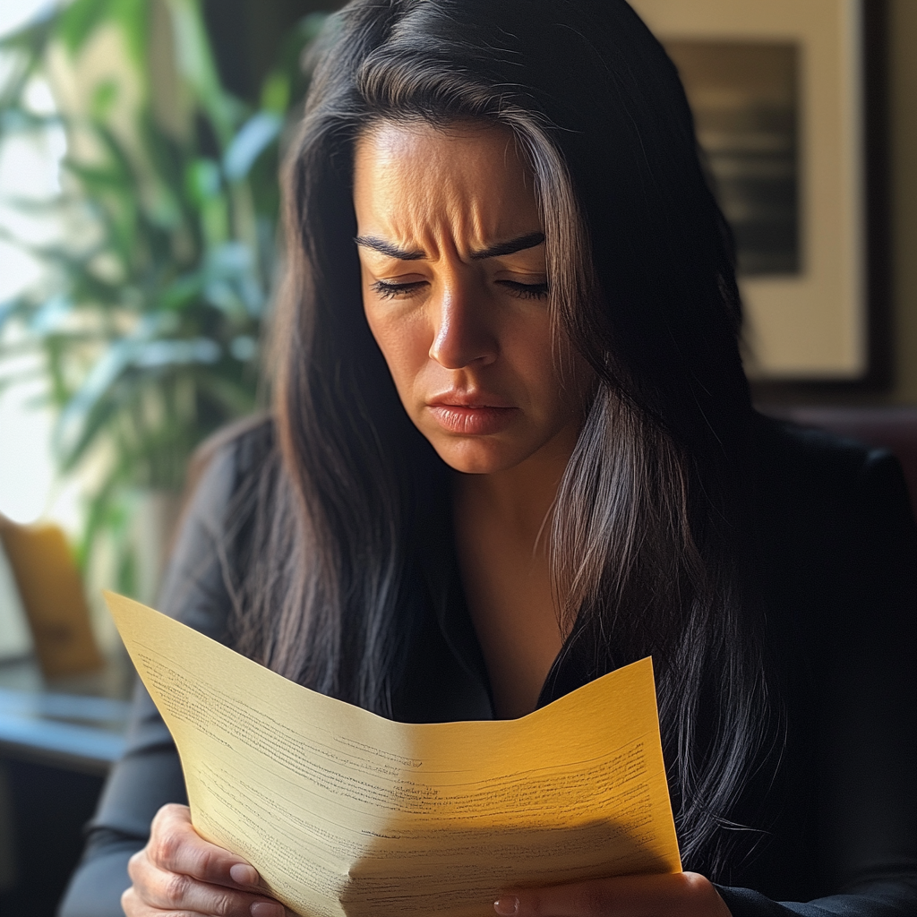 A woman reading a piece of paper | Source: Midjourney