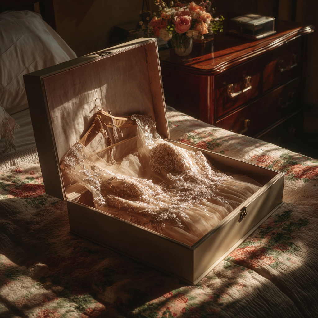 A vintage wedding gown in a box | Source: Midjourney
