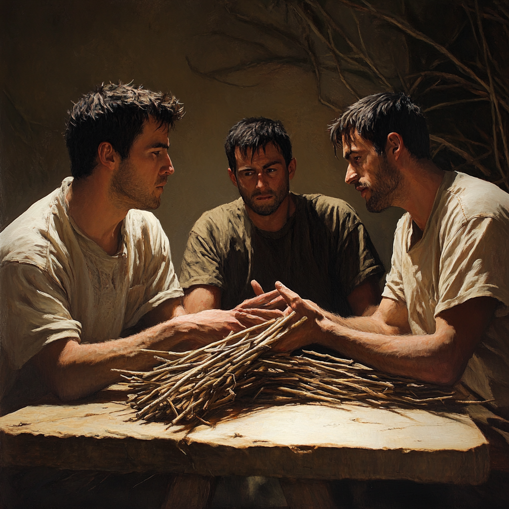 Brothers talking with sticks laying on a table infront of them | Source: Midjourney