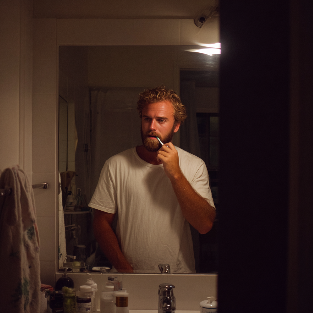 A man standing with a toothbrush in his mouth | Source: Midjourney