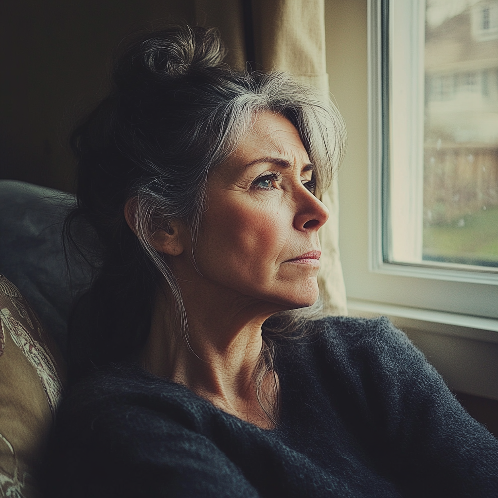 An older woman sitting on a couch by a window | Source: Midjourney