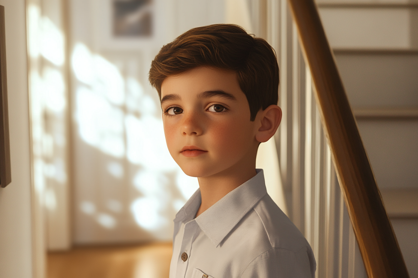 A boy standing near the staircase | Source: Midjourney