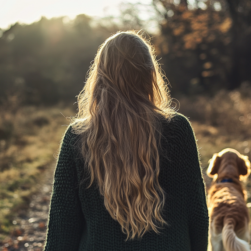 A woman walking her dog | Source: Midjourney