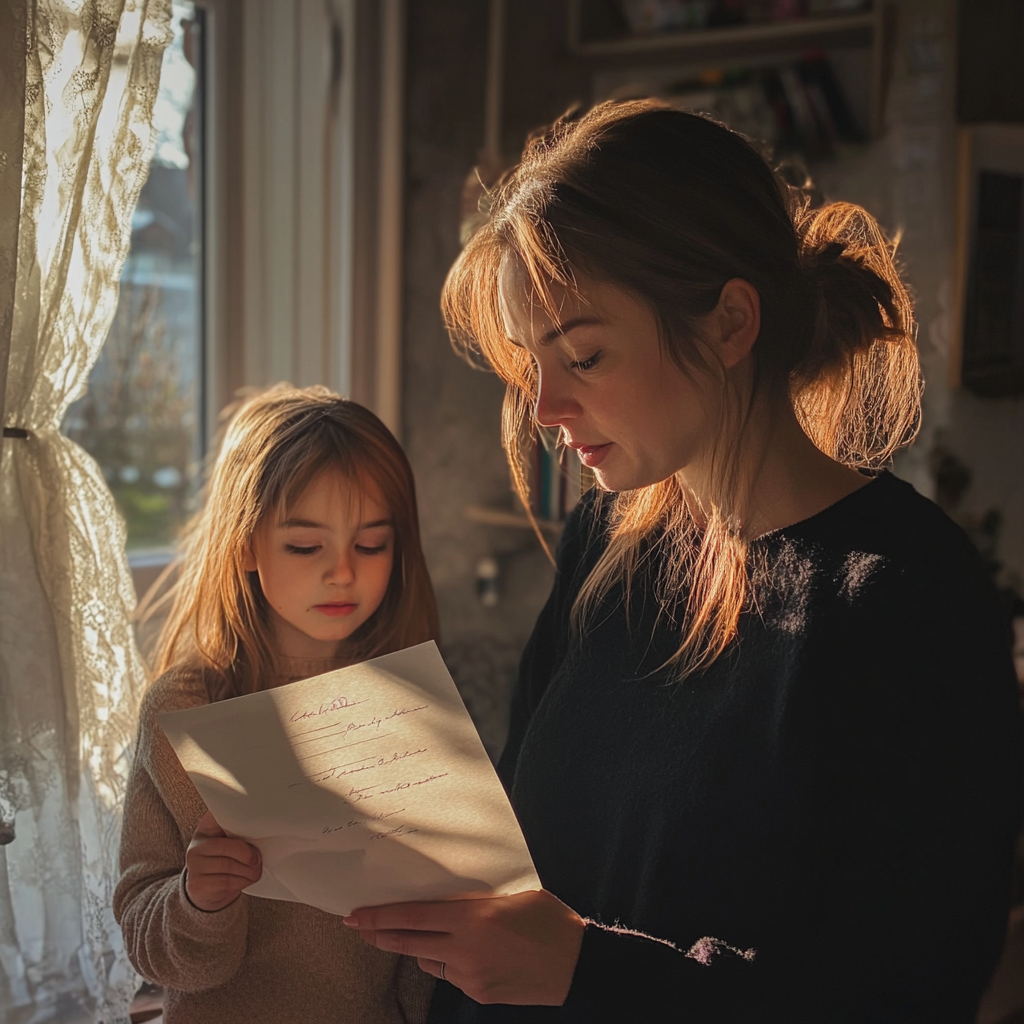 Woman holding a letter while talking to her daughter | Source: Midjourney