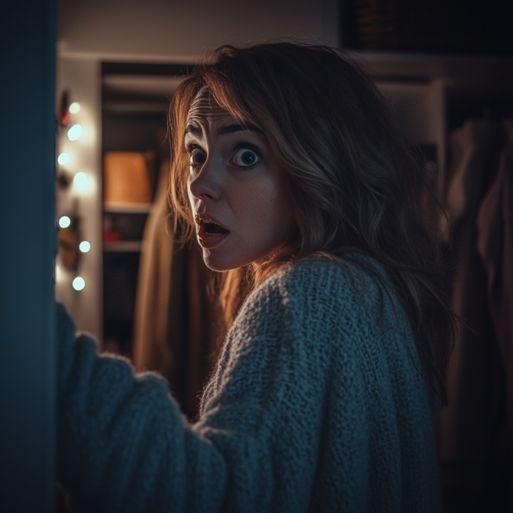 A shocked woman in her closet | Source: Midjourney