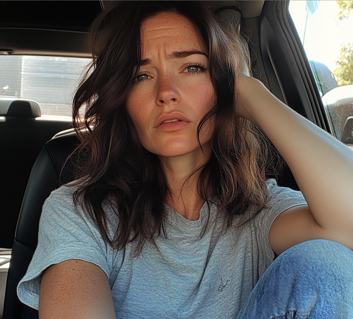 An upset woman sitting in a car | Source: Midjourney