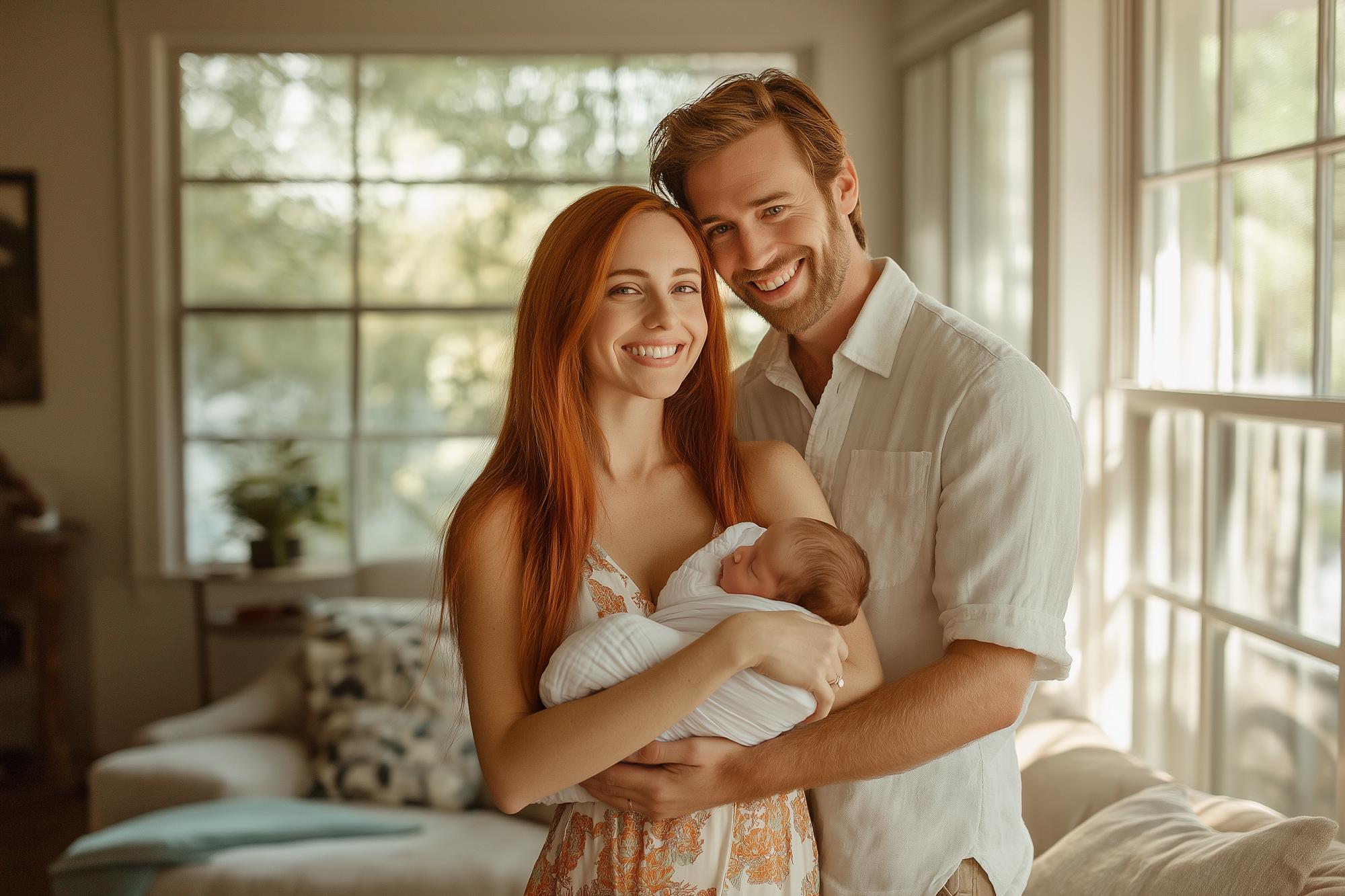 A couple smiles as they stand close, holding a baby inside a beautiful house | Source: Midjourney