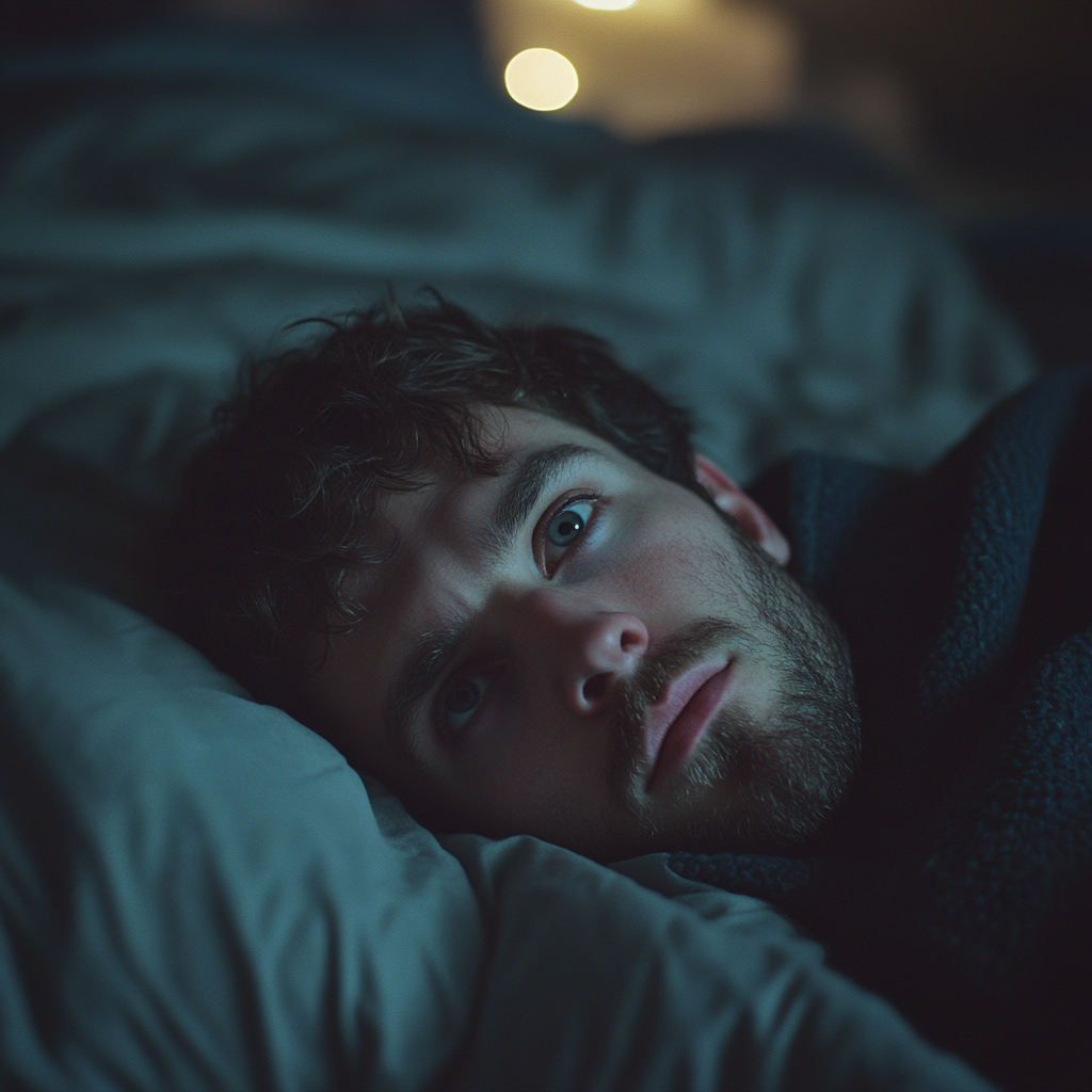 Un homme insomniaque dans son lit | Source : Midjourney