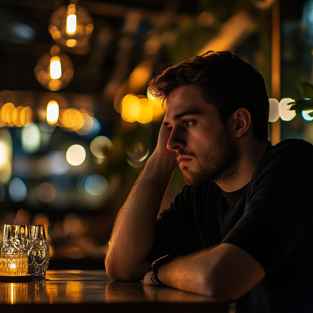 A sad man in a restaurant | Source: Midjourney