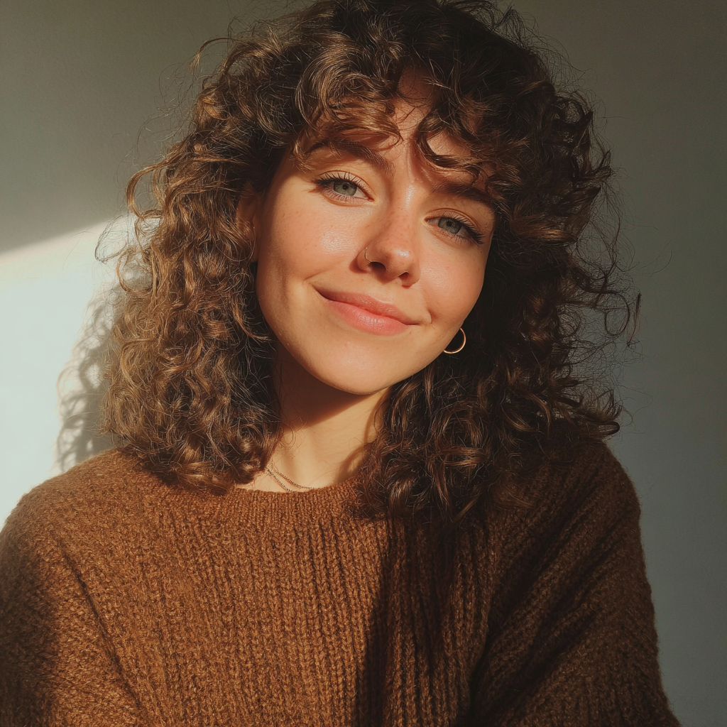 A smiling young woman with curly hair | Source: Midjourney