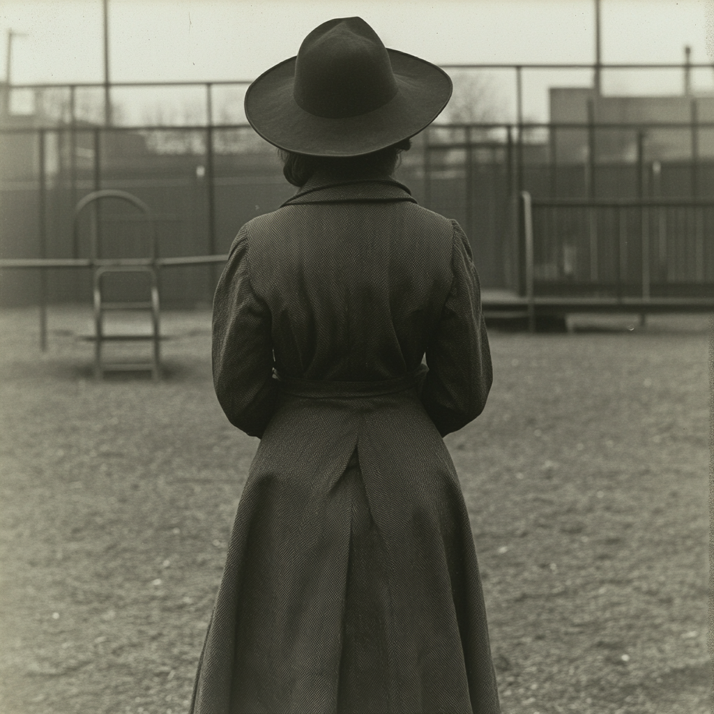 A woman, face hidden, heading towards the school's playground | Source: Midjourney