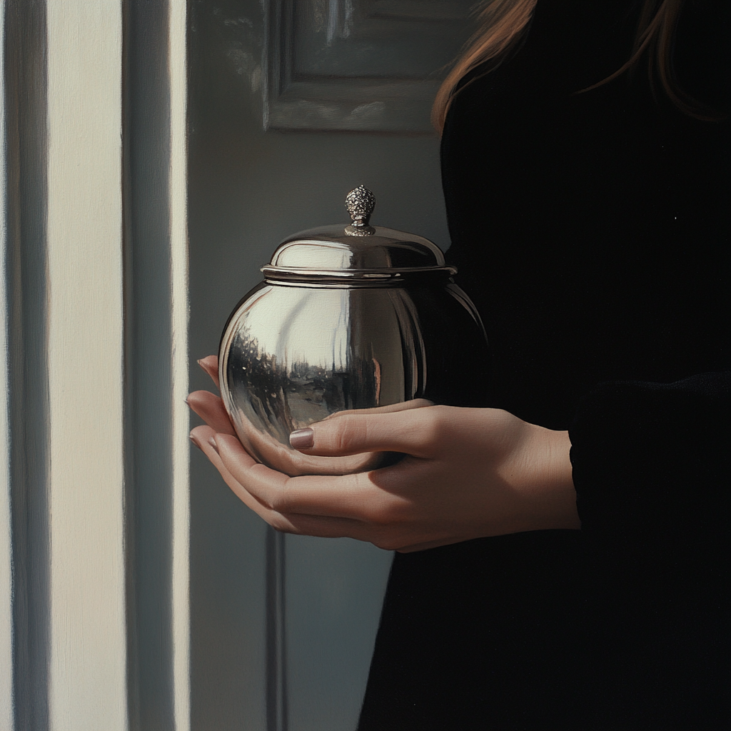 A woman holding an urn | Source: Midjourney