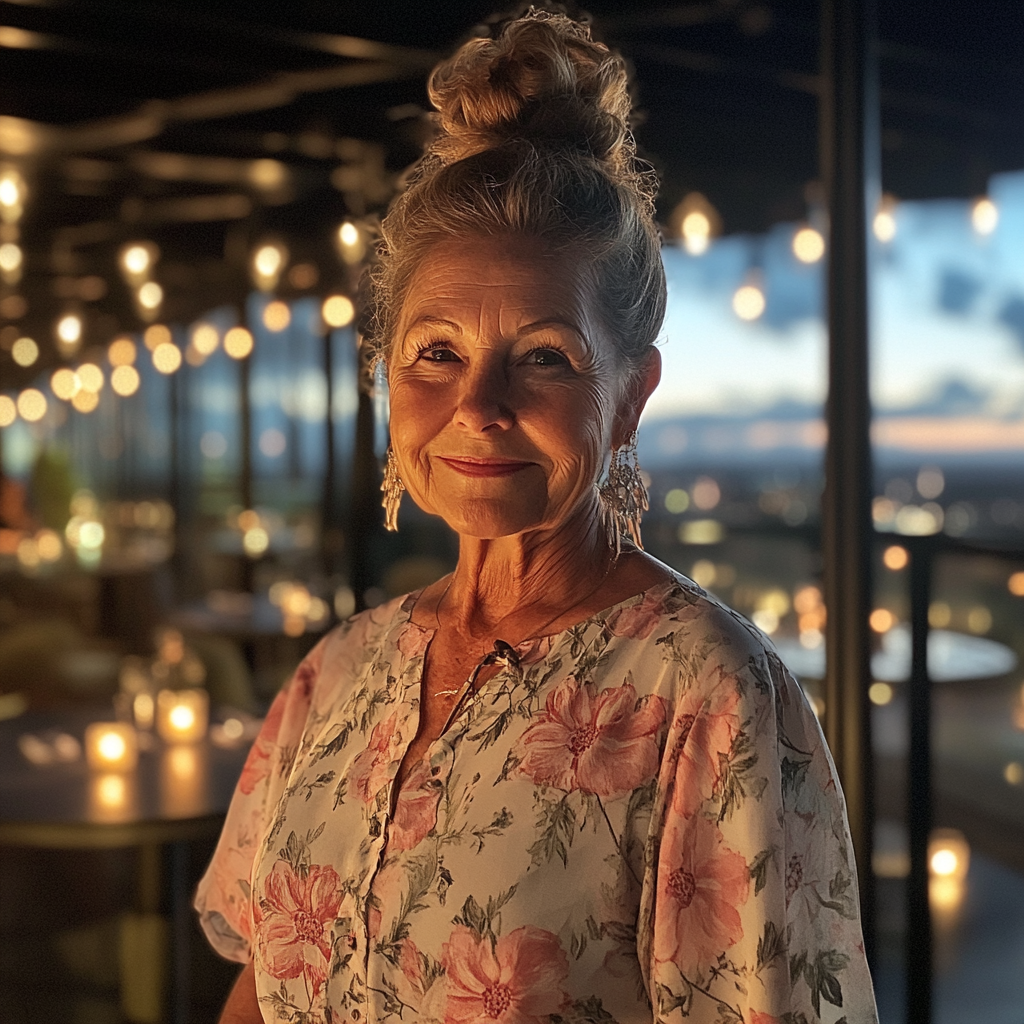 A smiling older woman wearing a floral dress | Source: Midjourney