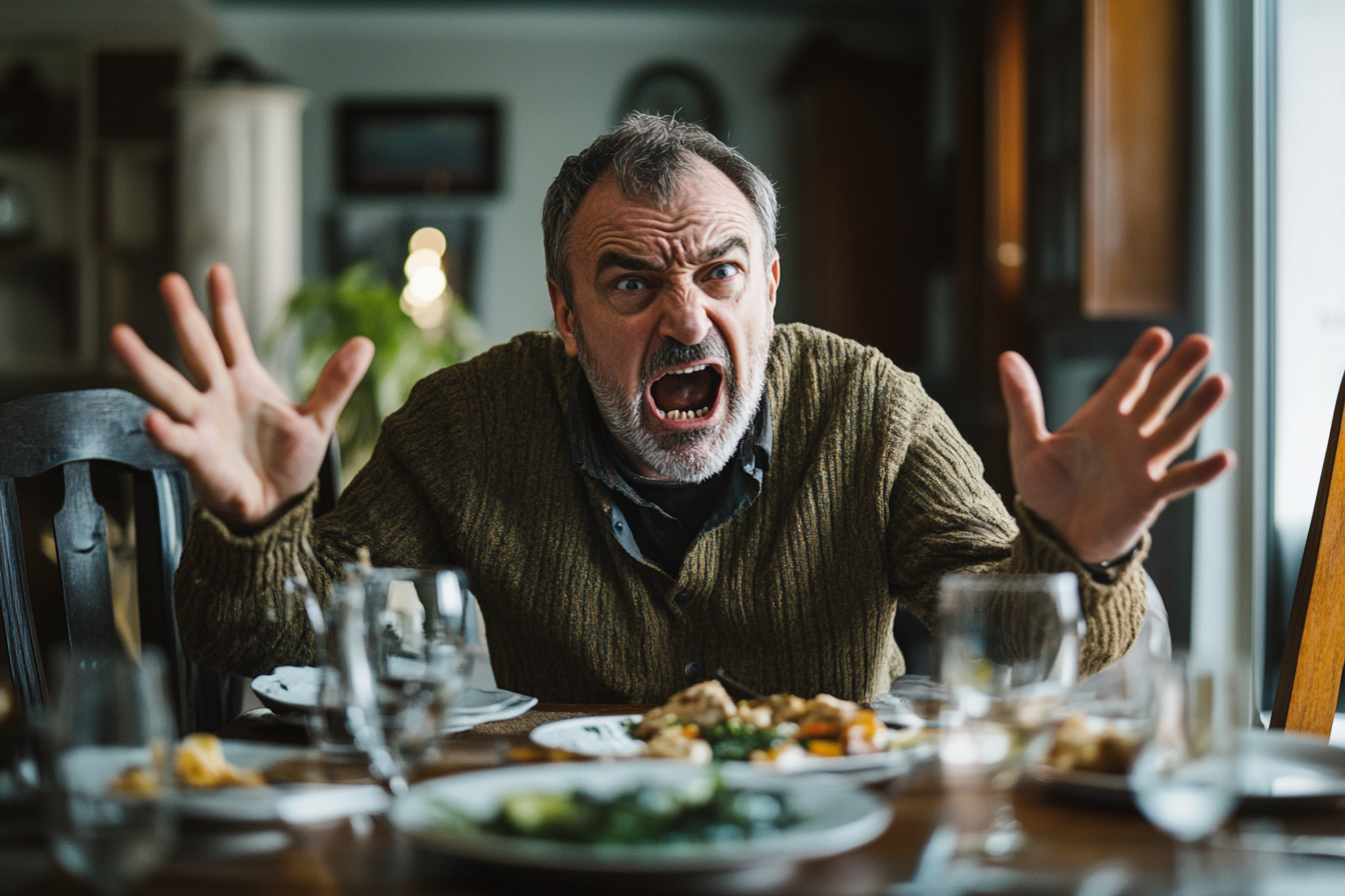 A man gesturing angrily during dinner | Source: Midjourney