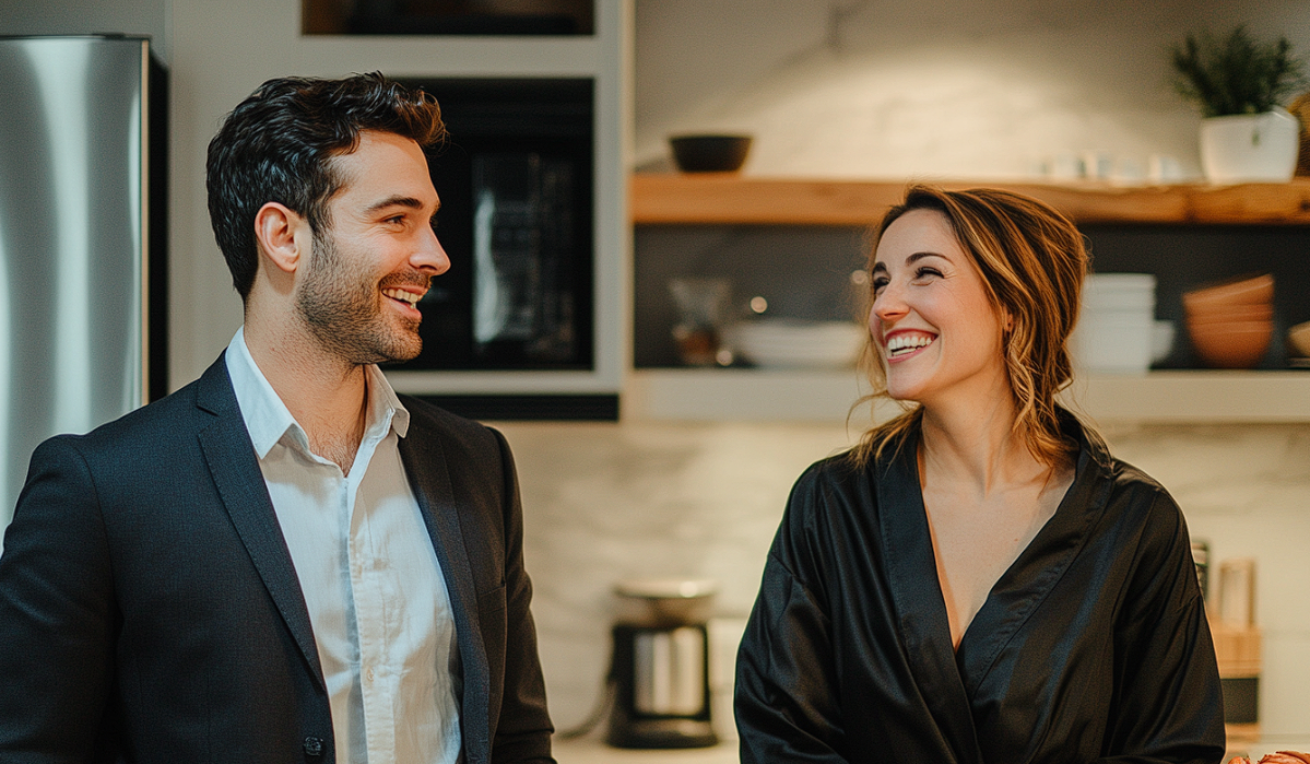 Un couple se souriant dans une cuisine | Source : Midjourney