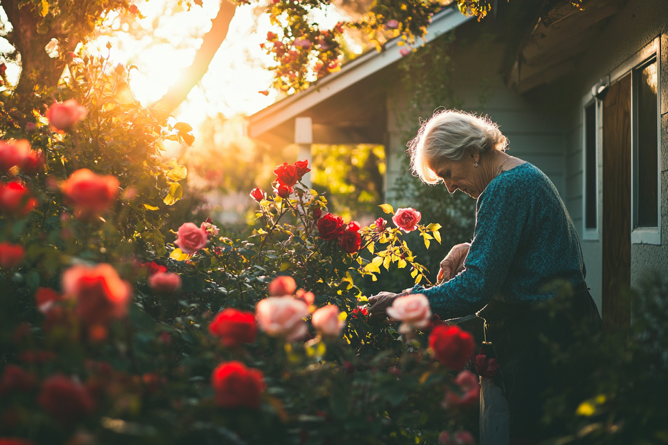 Woman in her 60s pruning rose bushes in front of a nice house | Source: Midjourney