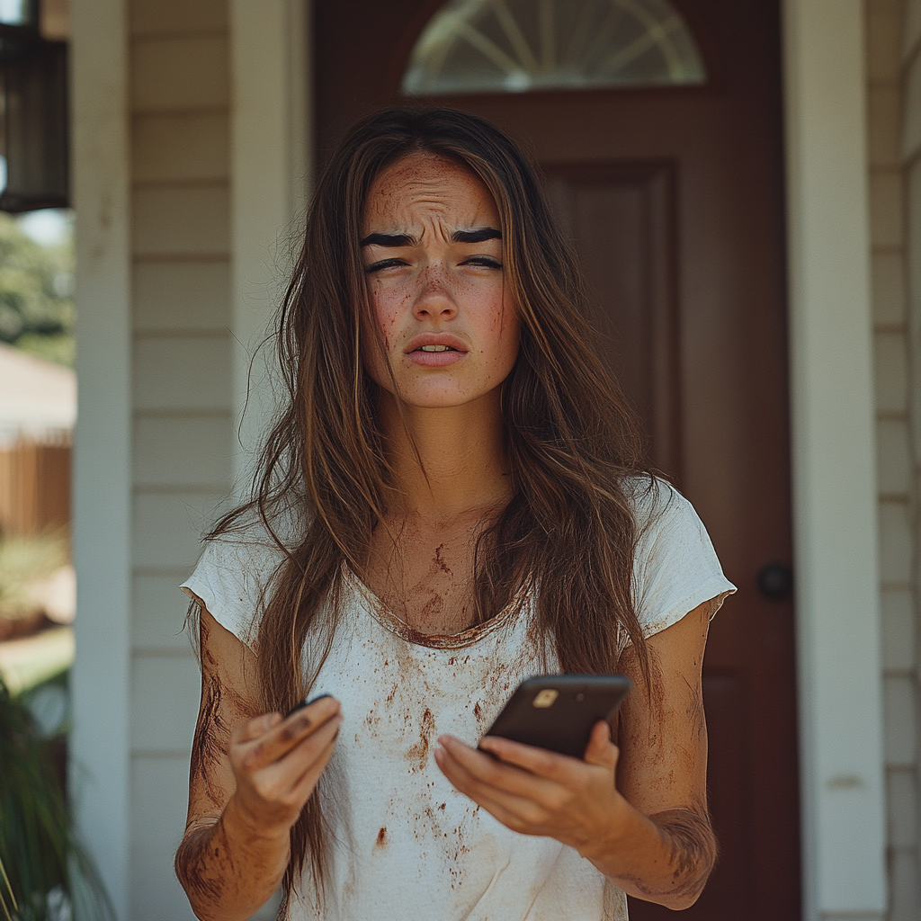 A woman holding out her phone | Source: Midjourney