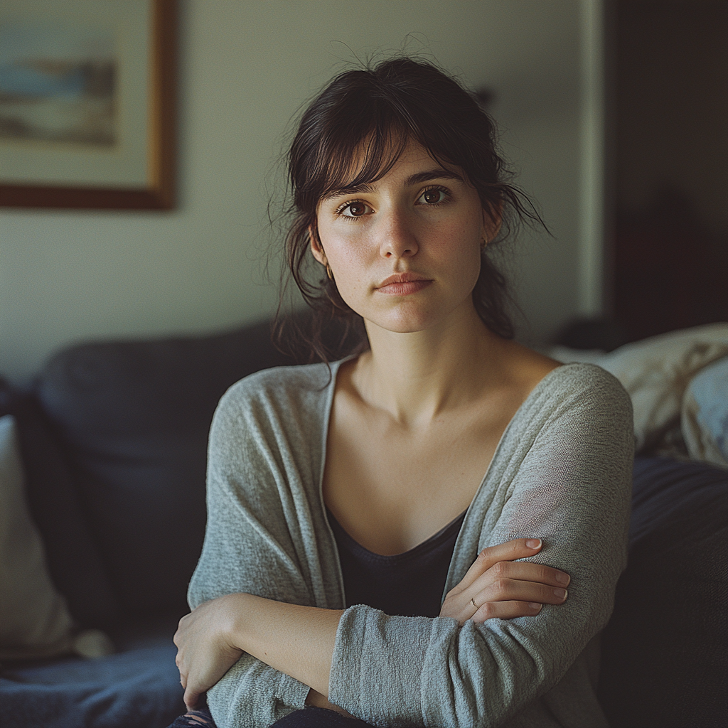 Woman sitting on the couch with her arms crossed | Source: Midjourney