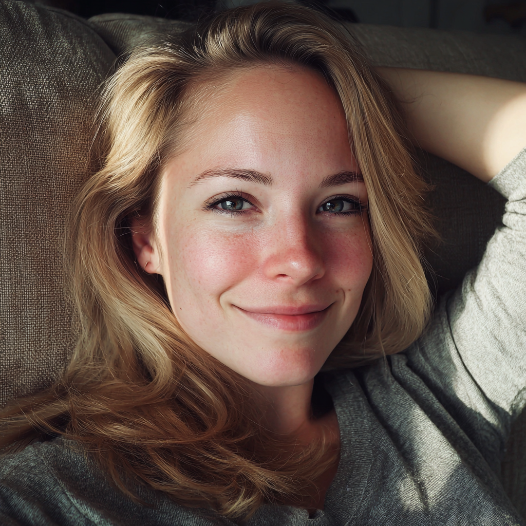 A smiling woman lying on a couch | Source: Midjourney