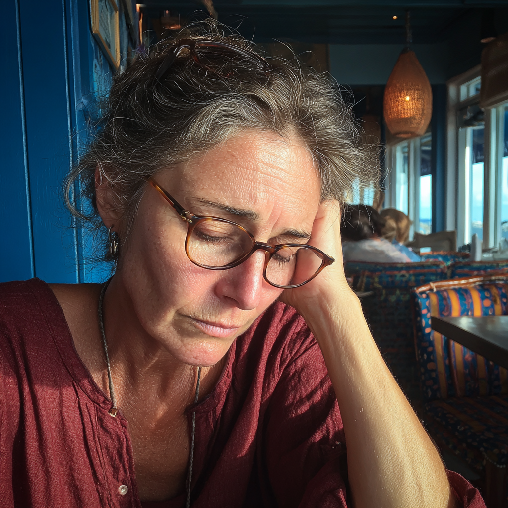 An upset older woman looking down at her lap | Source: Midjourney