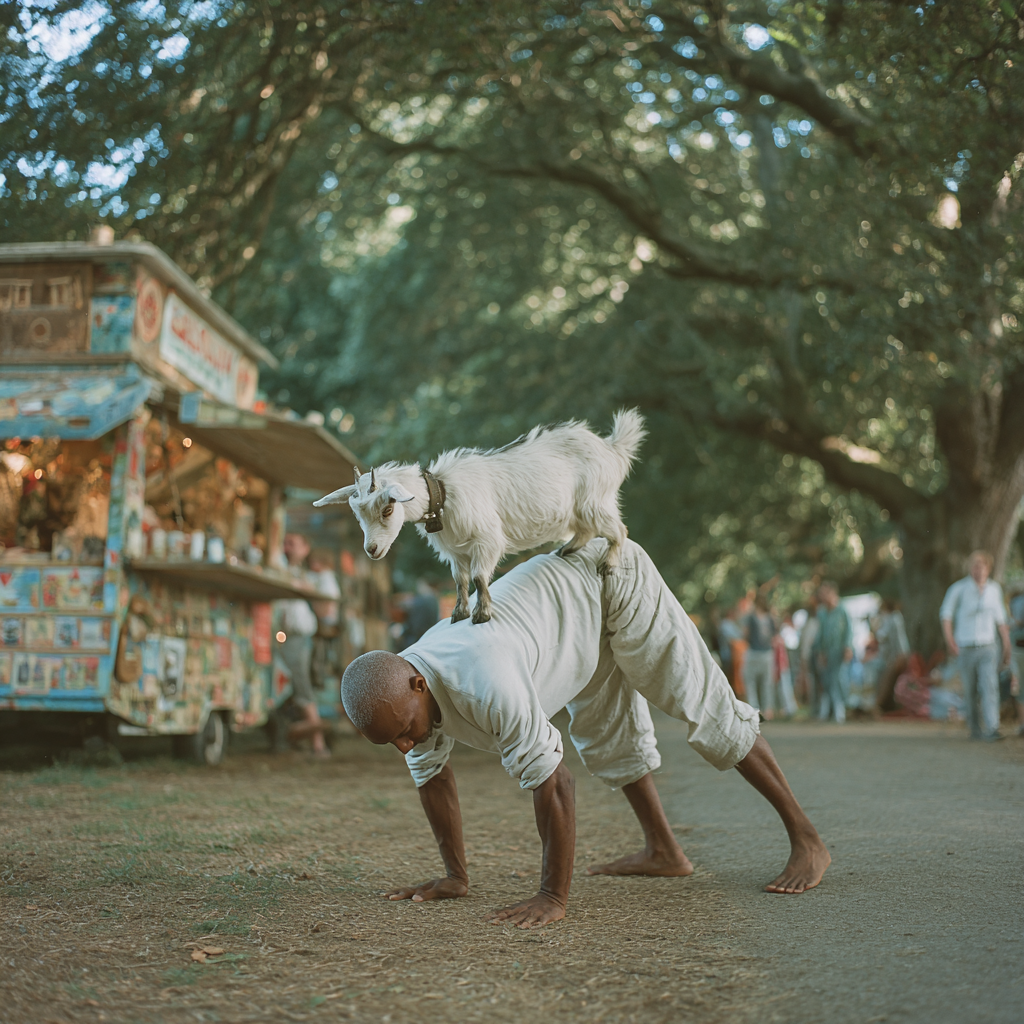 A man doing yoga with a goat on his back | Source: Midjourney