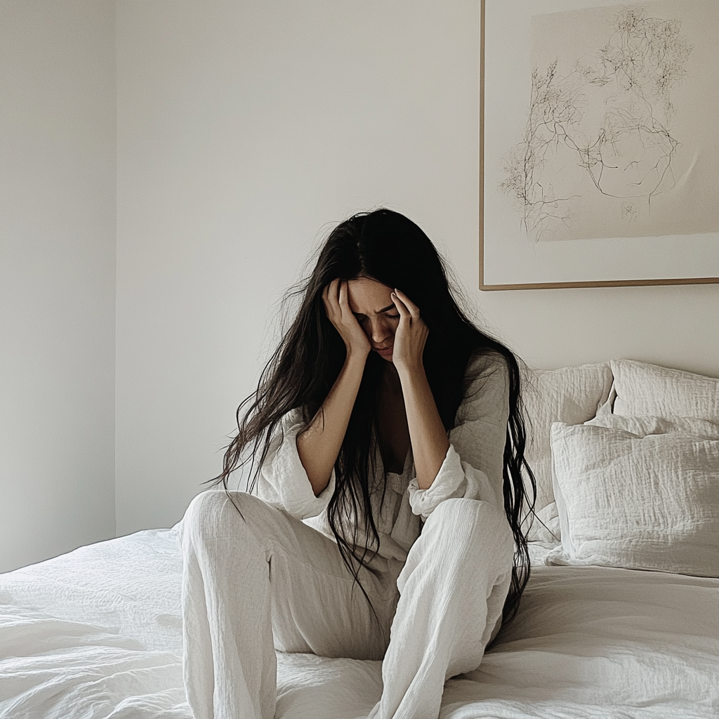 A woman sitting on a bed | Source: Midjourney