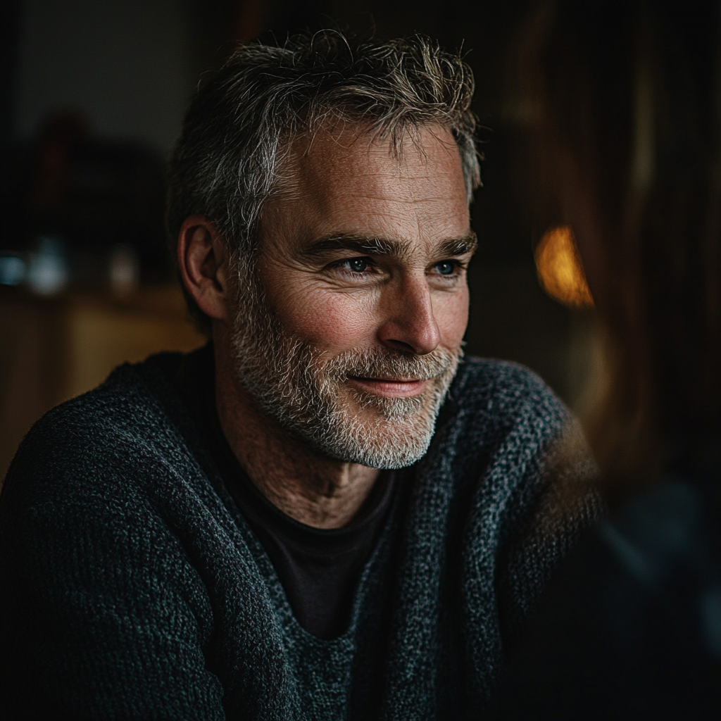 Un homme avec un léger sourire parle à sa femme | Source : Midjourney