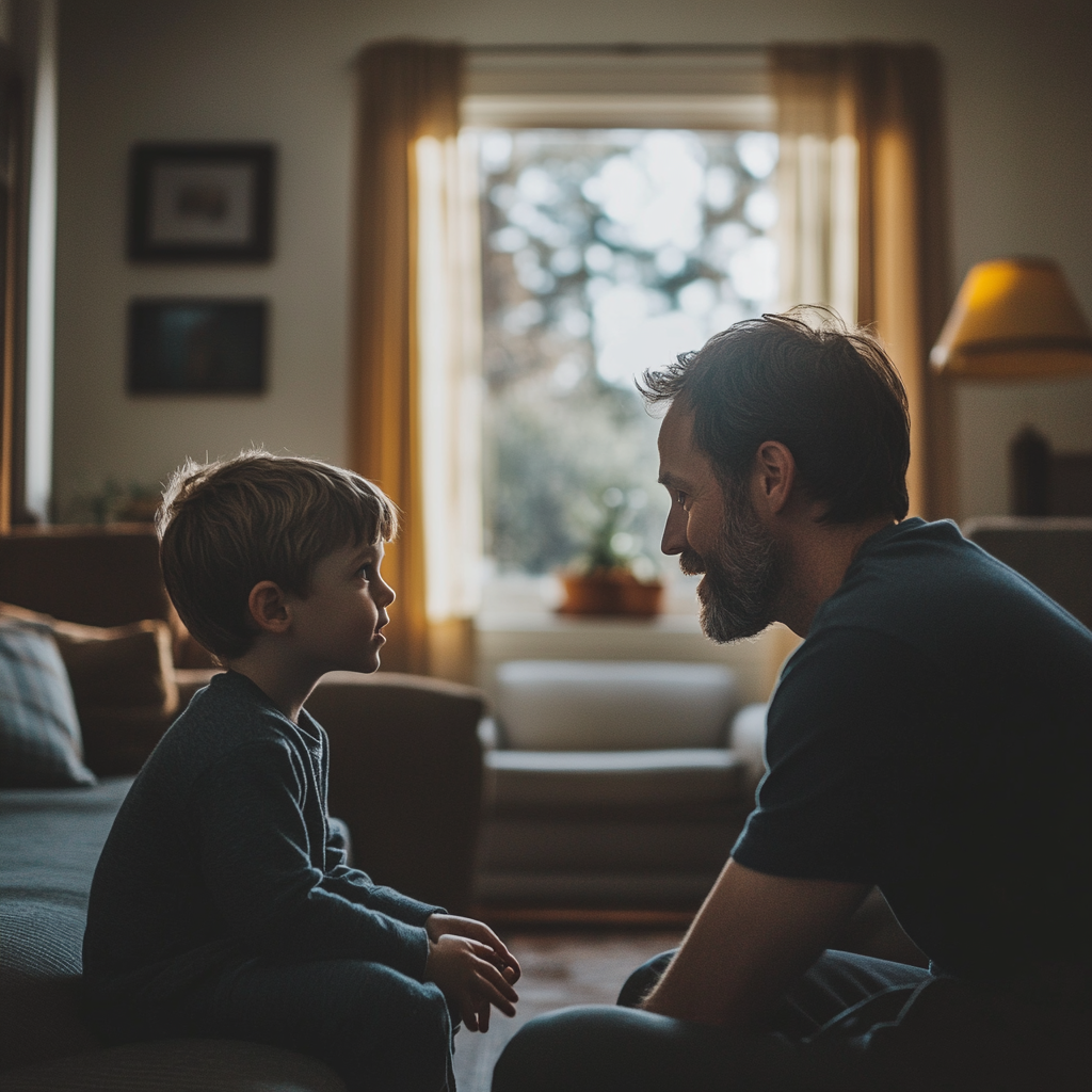 A young boy talking to his father | Source: Midjourney