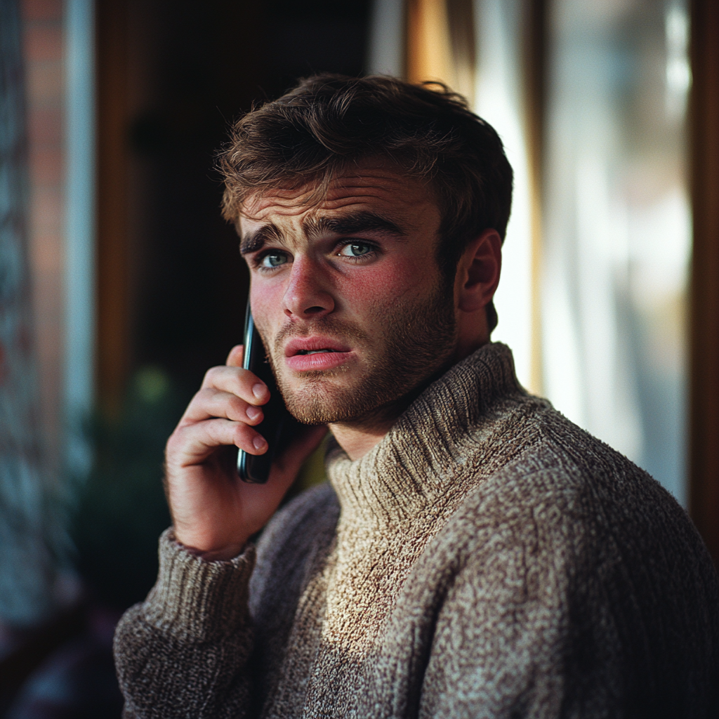 An upset man talking on the phone | Source: Midjourney