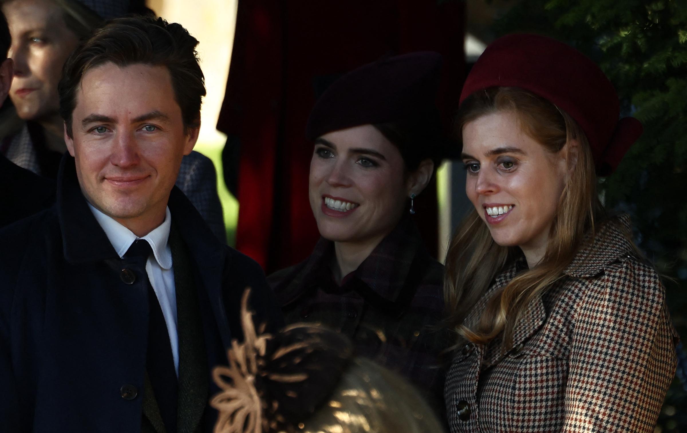 Edoardo Mapelli Mozzi (L), Britain's Princess Eugenie of York (C) and Britain's Princess Beatrice of York leave after attending the Royal Family's traditional Christmas Day service at St Mary Magdalene Church on the Sandringham Estate in eastern England, on December 25, 2025. | Source: Getty Images
