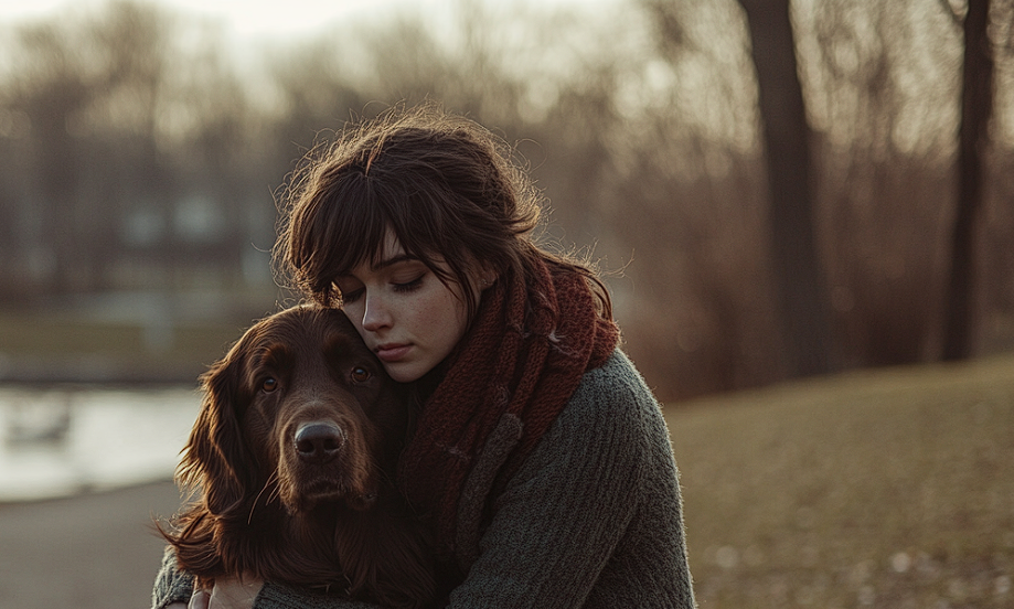 A woman hugging a large dog | Source: Midjourney