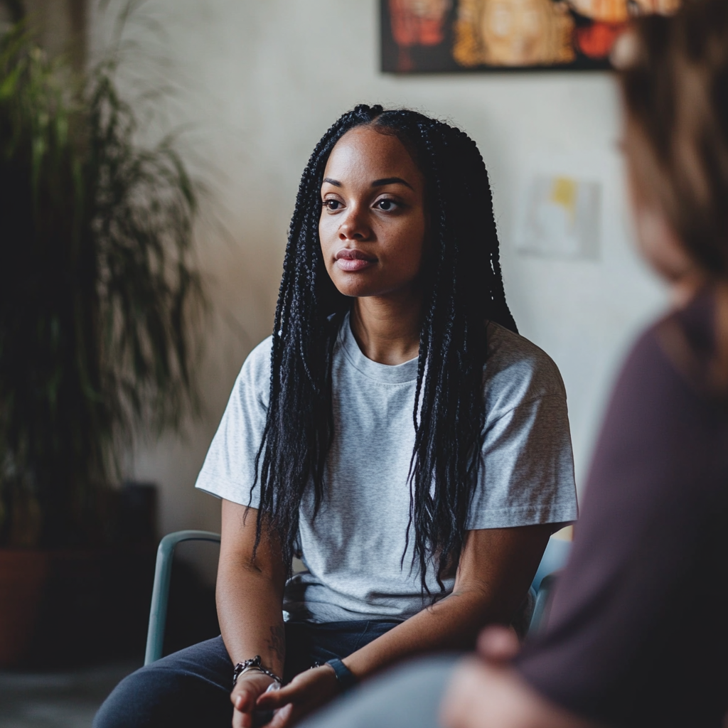 A woman at a therapy session | Source: Midjourney