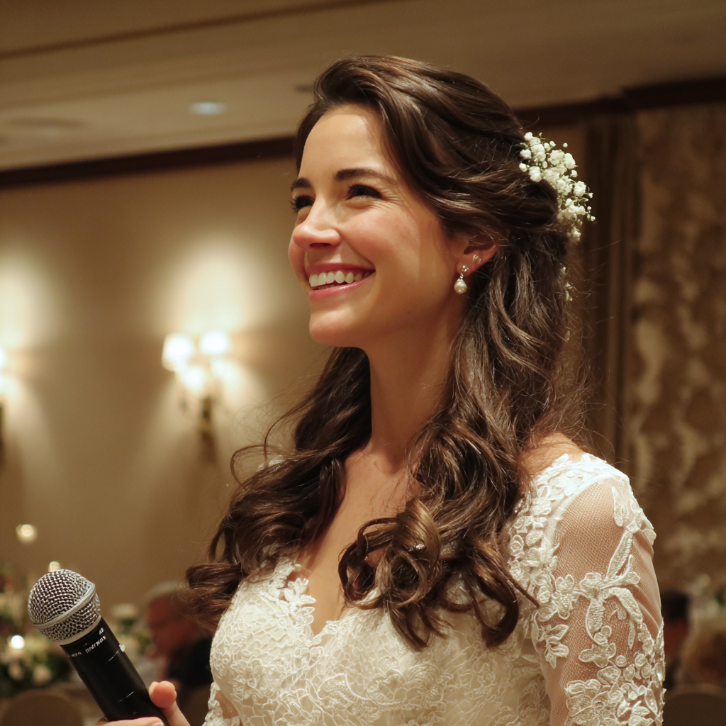 A smiling bride holding a microphone | Source: Midjourney