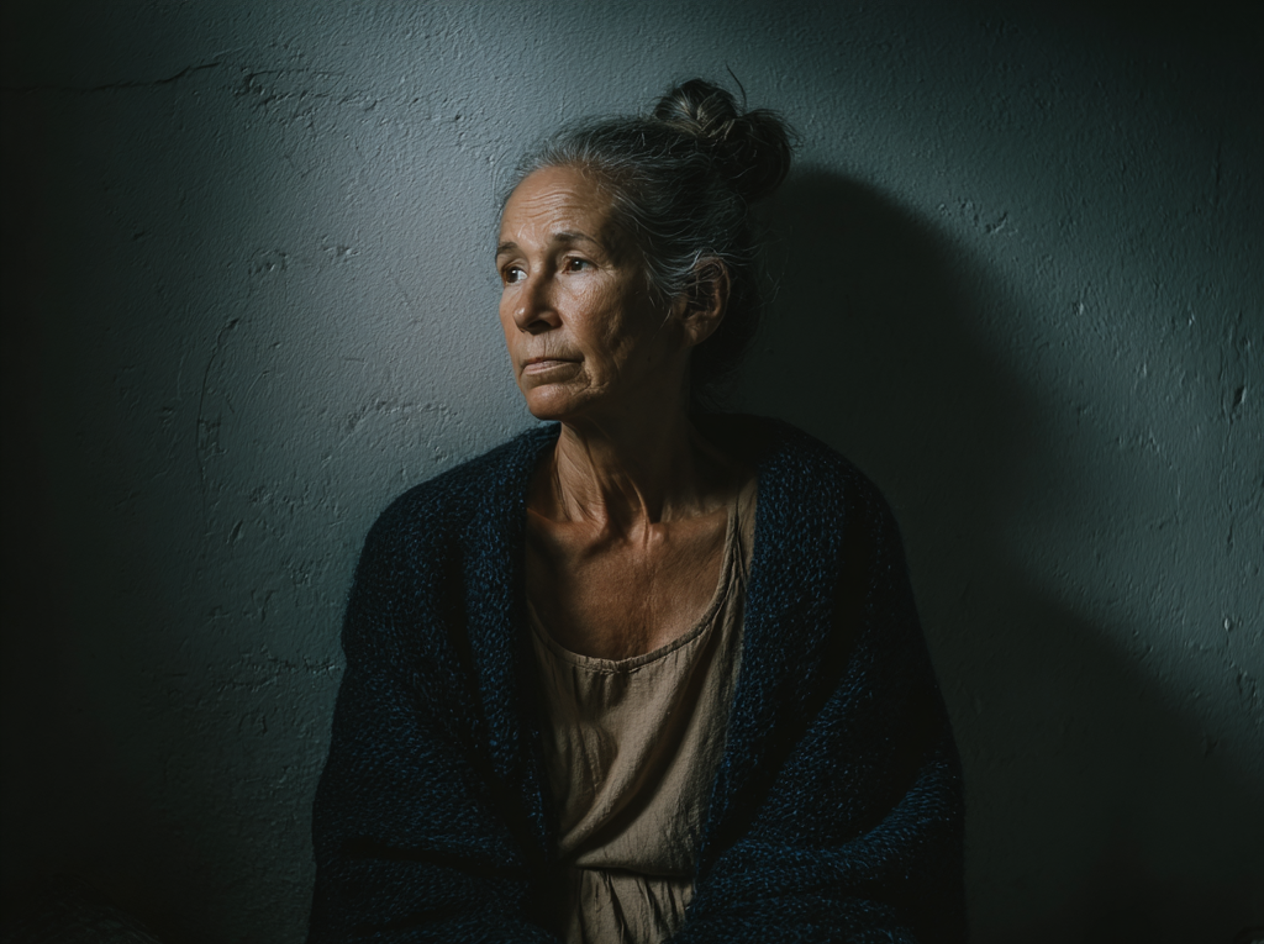 An old woman leaning against a wall | Source: Midjourney