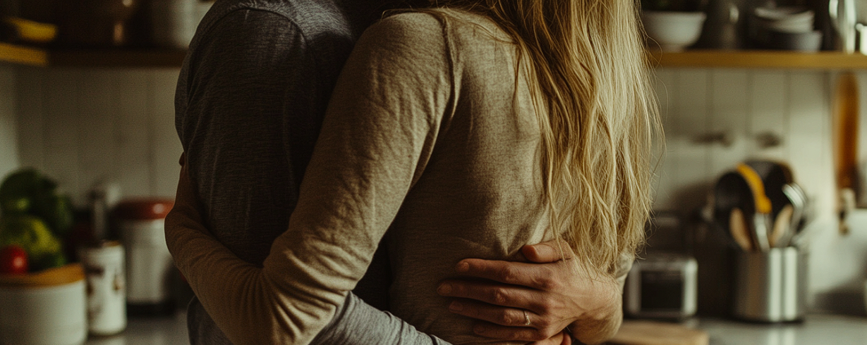 Two people embracing in a kitchen | Source: Midjourney