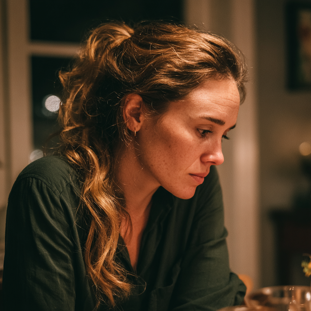 An upset woman wearing a green blouse | Source: Midjourney