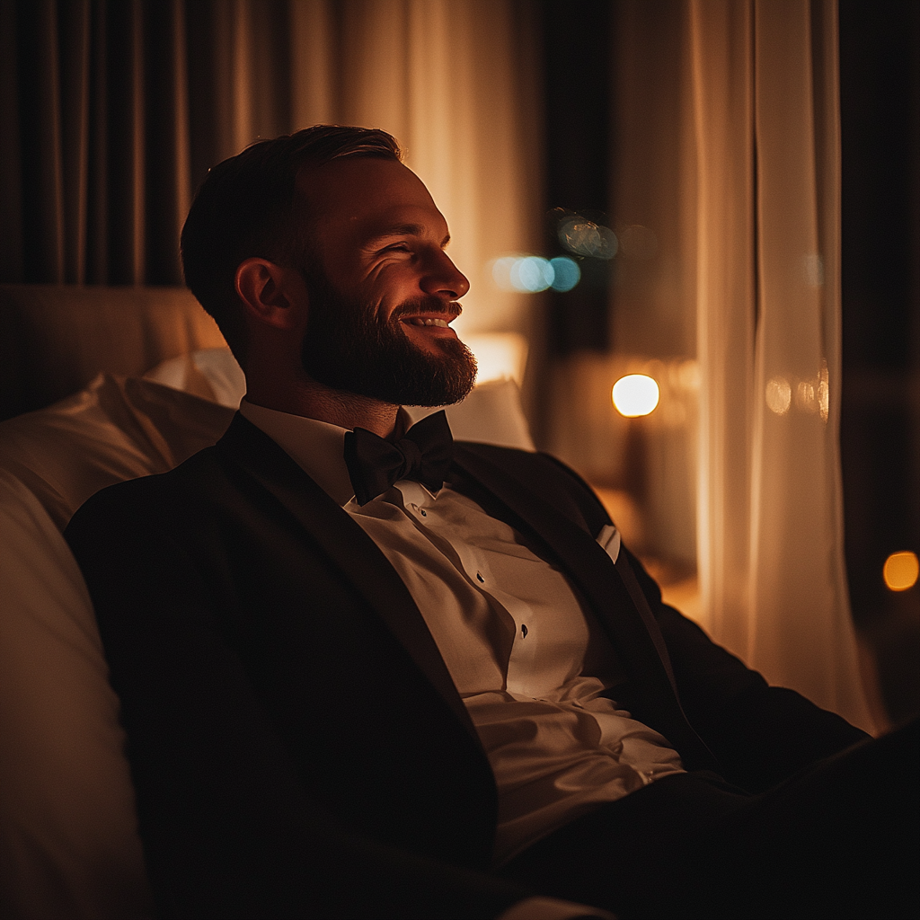 A smiling groom in a hotel | Source: Midjourney