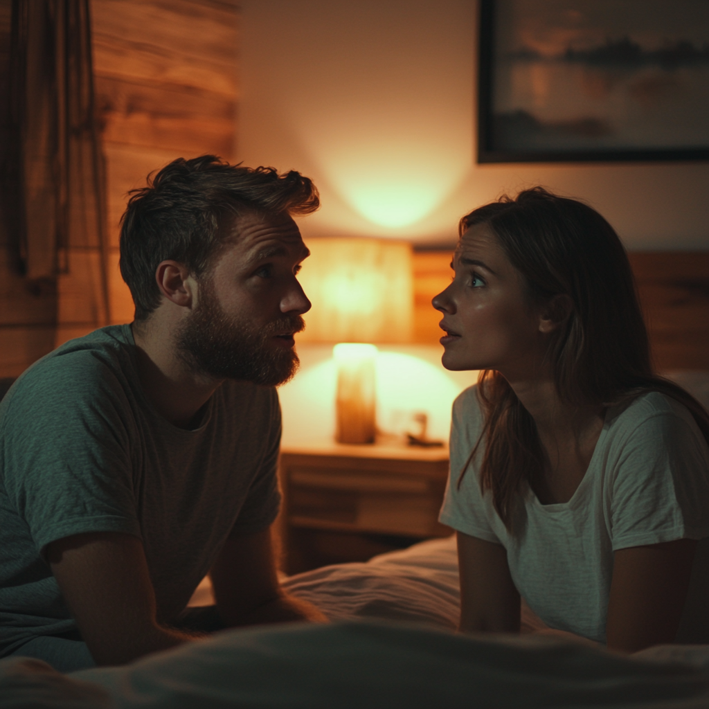 A shocked man talking to his wife | Source: Midjourney